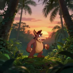 still of sunset in the jungle of donkey kong country snes, in the movie hook, real life, photorealistic, soft focus, long exposure