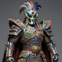 hyper ultra 4 k photo of a metal colorful armor warrior green red blue black glowing eyes mask made of ceramic clay feather trim intricately spectacular magnificently story carved by a master engraver by h. r. giger
