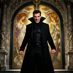 hyperrealistic portrait of jeff goldblum as a vampire warlock furious standing in a black coat reflection in a classical ornate stone gate portal. by jeremy mann and alphonse mucha, fantasy art, photo realistic, dynamic lighting, artstation, poster, volumetric lighting, very detailed faces, 4 k, award winning