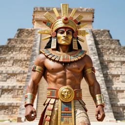 handsome muscular aztec god of the sun, looks down on the pyramidic ritual of the panther people, painting by gaston bussiere, craig mullins, j. c. leyendecker, claude monet
