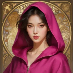 portrait of a magenta hooded gorgeous asian woman, fantasy, intricate, elegant, highly detailed, digital painting, artstation, concept art, smooth, sharp focus, illustration, art by artgerm and greg rutkowski and alphonse mucha