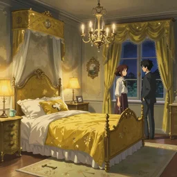 an ornate yellow victorian bedroom at night, 1 8 9 0, key visual, conceptart, ambient lighting, highly detailed, digital painting, artstation, concept art, sharp focus, by makoto shinkai and akihiko yoshida and greg manchess