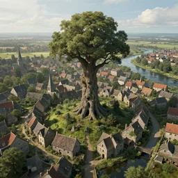 town town town ancient hollow tree tree tree airborne airborne view of a downtrodden medieval town by a river in a swamp with a tall ancient hollow tree in its center, 4k, by Greg Rutkowski, fantasy, mix of celtic and Rus architecture, cinematic