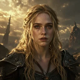 Elle Fanning in the painted world of Dark Souls, head and shoulders masterpiece, apocalypse, golden hour, cosmic horror, artstation, in the style of Craig Mullins, extremely detailed