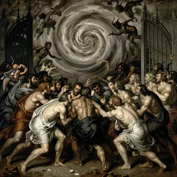 an etching of people being pulled to a whirlwind of lost souls, the gates of hell, dante alighieris divine comedy, demons, by gustave dore, hieronymus bosch, john martin, william bouguereau, john martin, pixabay contest winner, gothic, hellish, apocalypse, intricate, photorealistic, awe, masterpiece, chiaroscuro