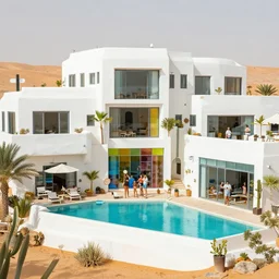 white terraced architecture office in the dessert, many plants and infinite pool, colorful glass wall, joyful people in the house