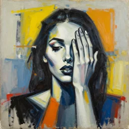 abstract oil painting, basquiat style, woman holding hand over face