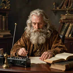 A bearded wizard uses radio equipment at a desk cluttered with tomes, by Noah Bradley