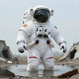 very realistic giant flood photographs of lone american white spacesuit chubby astronaut in postapocalyptic abandoned destroyed times square, wrecked buildings, destroyed flipped wrecked cars, pinhole photo, vintage, neutral colors, sunny day backlight by gregory crewdson