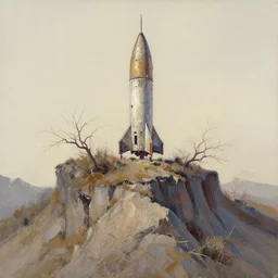 abandoned rocket ship, distant knotted branches, extremely detailed rocky crag, unfinished canvas, dry brush texture, strokes visible, underbrush wash, alpine climate