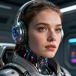 VFX movie of a futuristic cyborg spacewoman gorgeous closeup portrait in high tech spaceship, beautiful natural skin neon lighting by Emmanuel Lubezki