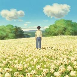 man stands on a meadow made of popcorn, landscape, studio ghibli, anime