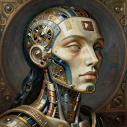 a beeple masterpiece baroque neoclassicist closeup renaissance portrait of a striking art deco cyborg. tilt shift, reflective detailed textures, elaborate geometric ornament, highly detailed fantasy science fiction painting, hyperrealism photorealistic, resembling a high resolution photograph