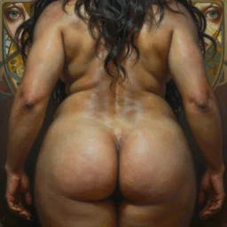painting of a muscular dark nepali female lower body from behind, big eyes, fat, ultra realistic, concept art, intricate details, eerie, highly detailed, photorealistic, octane render, 8 k, unreal engine. art by artgerm and greg rutkowski and alphonse mucha