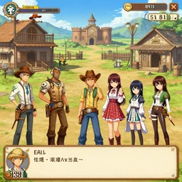 jrpg gameplay of dating sim set in 1 8 3 7, old western town featuring cowboys and cowgirls, characters from africa, china, japan, and mexico