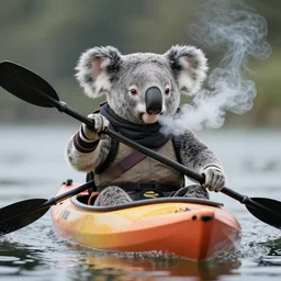 koala bear smoking in a kayak dressed as a ninja