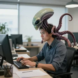 A alien taking place as a man working in an office, the alien has tentacles on its back
