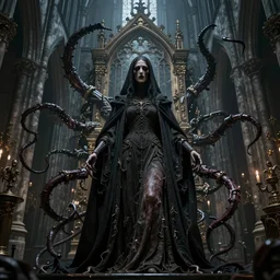 faceless priestess of pain and sorrow in a gothic cathedral filled with bio-mechanical tendrils, baroque, surreal dramatic lighting, intricate details and ornaments, 8k, cinematic, octane render, unsettling, weird