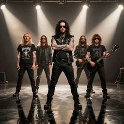 a death metal band themed after Weird Al, studio lighting, photo realistic, highly reflective floor, realistic reflections