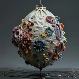 mercury capsule made of discarded tarp balloons, muted multi - colors, realistic texture, section model, rna bioweapon, nanotech demonic monster horror, stunning atmosphere, ink dropping in water, organic fractal mycelum and fungi