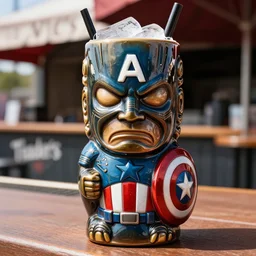 a closeup photorealistic photograph of a glossy captain america style tiki mug sitting at an outdoor trader vic's bar featuring determined captain america's face. tiki theme. icy drink. shield. bright scene. fine detail. this 4 k hd image is trending on artstation, featured on behance, well - rendered, extra crisp, features intricate detail, epic composition and the style of unreal engine.