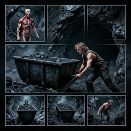 sadie sink as a miner pushes a mine cart, emerges from the darkness. set in a dark coal mine. storyboard, scifi cyberpunk. by gabriel hardman, joe alves, chris bonura. cinematic atmosphere, detailed and intricate, perfect anatomy