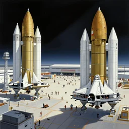 a busy spaceport with large spaceships docked, illustration by moebius