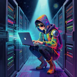 an angelic hacker with a laptop in vast cyberspace glitching through a vulnerable server, wearing sunglasses, futuristic clothes, vibrant colors, rule of thirds, spotlight, drips of paint, expressive, passionate, by greg rutkowski, by jeremy mann, by francoise nielly, by van gogh, digital painting