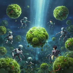 nanomachines gathered nitrogen from the air and herded it together into floating spores ; inside the spores, other machines rearranged the materials into simple nutrients to keep the moss green and healthy during the night by dan mumford, yusuke murata, makoto shinkai, ross tran, cosmic, heavenly, god rays, intricate detail, cinematic, cel shaded, unreal engine, featured on artstation, pixiv