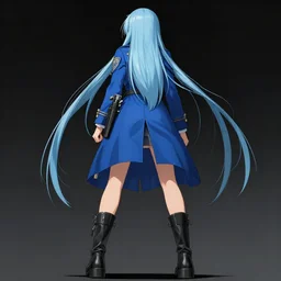 low - angle shot from behind of a long light blue - haired girl in a blue tailcoat with a scabbard, combat boots, noir, sharp focus, intricate, illustration, cell shaded, digital painting, highly detailed, straight hair, art by ilya kuvshinov, wlop, greg rutkowski, studio quality, makoto shinkai, james jean