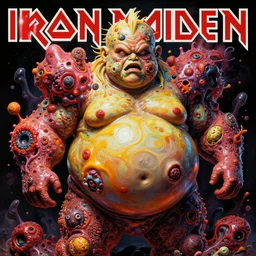 eddie from iron maiden, bloated, fluid, smooth, organic, crazy, bright, colours, tumours, high contrast, sharpness, dramatic, very detailed, intricate, by giger and corben and moebius and beksinski and bosch and bacon