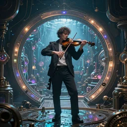 a extremely detailed masterpiece of a violin singer in a steampunk, psychedelic symmetric lights and water, opening a portal into another dimension, in the style of karol bak, glowing light and shadow, hyperrealist, 8 k