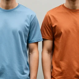 2 guys wearing colored t shirts