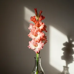 still, photograph, gladiolus in vase, shaft of sunlight, 8 k, realistic
