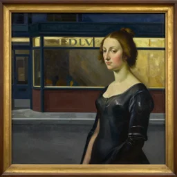 a painting of a woman in front of a restaurant at night, in the style of Edward Hopper and Sandro Botticelli, 4k,