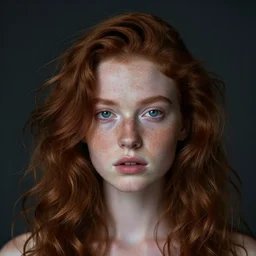 a photo portrait of a beautiful red girl with curls and lots of freckles, Low-key lighting, dramatic, single light source, art photography in style of Annie Leibovitz, pastels color , sigma art 85 mm f 1.4, dark background , high quality, 8k.