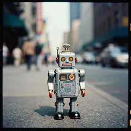 kodak portra 4 0 0, wetplate, colour portrait by saul leiter of a tiny photoreal tin toy robot standing in a busy new york street, tiny gaussian blur, insanely detailed, insanely intricate, insanely beautiful, depth of field, low contrast, sun, wide aperture, color photography
