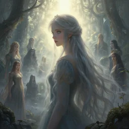 a highly detailed portrait of a princess with long hairs, a view to an eerie fantasy world, ethereal back light, mist, coherent composition, detailed fantasy painting by artgerm, noriyoshi ohrai, yuumei, stephen bliss, unreal engine, fantasy art by greg rutkowski, loish, rhads, ferdinand knab, makoto shinkai, lois van baarle, ilya kuvshinov, rossdraws, tom bagshaw, alphonse mucha, global illumination, radiant light, detailed and intricate environment