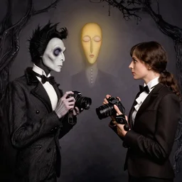 Two people holding cameras and facing each other, by Matthias Addison Tim burton and Rene Magritte