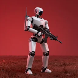 a robot holding firearms in a plain field, with a red ambience, photorealistic, octane render