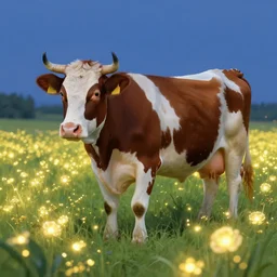 fantasy artwork of a cow in a field of glowing flowers