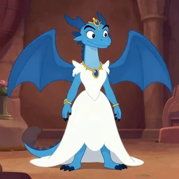 n the style of don bluth : an anthropomorphic female blue dragon : wearing jewlery : wearing a nice white dress : head torso legs feet : lorax movie : artstation