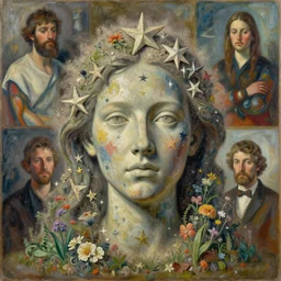 a sculpture portrait made of stars and dust and flowers and plants, painting part by wojciech siudmak, part by ilya repin, part by max ernst, part by norman rockwell, artstation