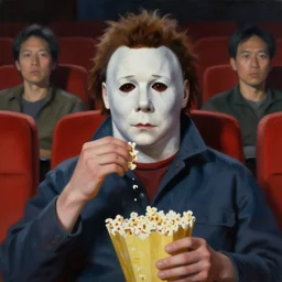 painting of Michael Myers eating popcorn sitting in a row of movie theater, sharp focus, face focused, trending on ArtStation, masterpiece, by Greg Rutkowski, by Ross Tran, by Fenghua Zhong, octane, soft render, oil on canvas, moody lighting, high contrast, no light, cinematic, professional environmental concept art