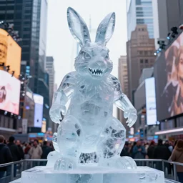 a realistic ice sculpture of a very scary bunny with sharp teeth made by michelangelo, standing in times square, 3 d render, hyper detailed, sharp focus, 8 k resolution