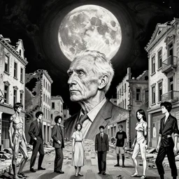 old white - headed man under the huge moon on a street of ruined city by mark ryden and takato yamamoto and austin osman spare and edward hopper and beksinski and tsutomu nihei, very coherent, baroque elements, perfect anatomy, intricate design. surreal art. pop art.