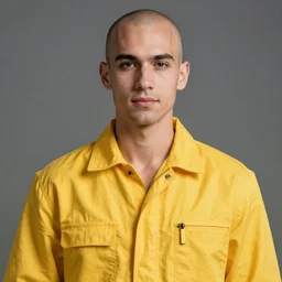 headshot photo of a young adult bald man with a well-built physique and wearing a yellow jumpsuit