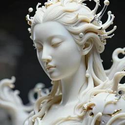 hyper detailed ultra sharp portrait of a beautiful well contoured porcelain ivory smooth fair subconscious god tsunami, up close shot, sharp focus, global illumination, radiant light, biomechanical white silver gold rhizomorphs, cyberpunk brackets, alexandre ferra white mecha, irakli nadar, alexander mcqueen, octane highly render, 4 k, ultra hd,