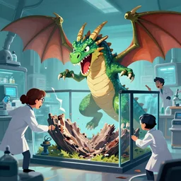 omg my dragon hybrid has broken out of its enclosure in my laboratory help high quality, scientist panicking, dragon lurks around, trending on art station, digital art