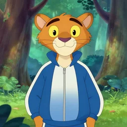 don bluth, loish, artgerm, joshua middleton, anthropomorphic cheetah, wearing a track suit, smiling, symmetrical eyes, symmetrical face, colorful animation forest background